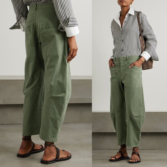 Nili Lotan Shon Camo Green Twill Cotton Barrel Leg Cropped Pant Size 00 - Picture 3 of 11